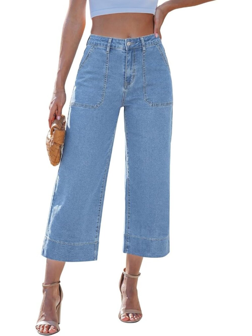 Women's Blue Trendy High Waisted Baggy Straight Stretch Denim Wide Leg